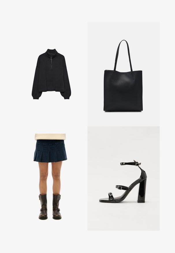 Sort højhalset sweater med halv lynlås foran, oversized ærmer og blød tekstur. Har ribbet krave og kant. Minimalistisk design.; Marineblå plisseret miniskørt i blødt stof, parret med knæhøje brune læderstøvler med spænder. Skørtet har et struktureret design.; Sorte patenterede hælsandaler med firkantet tå, ankelremme og sølvspænder. Har en chunky blokHæl for stabilitet.; Sort læder tote taske med glat tekstur, rektangulær form og to lange hanke. Ingen synlig hardware eller udsmykninger.
