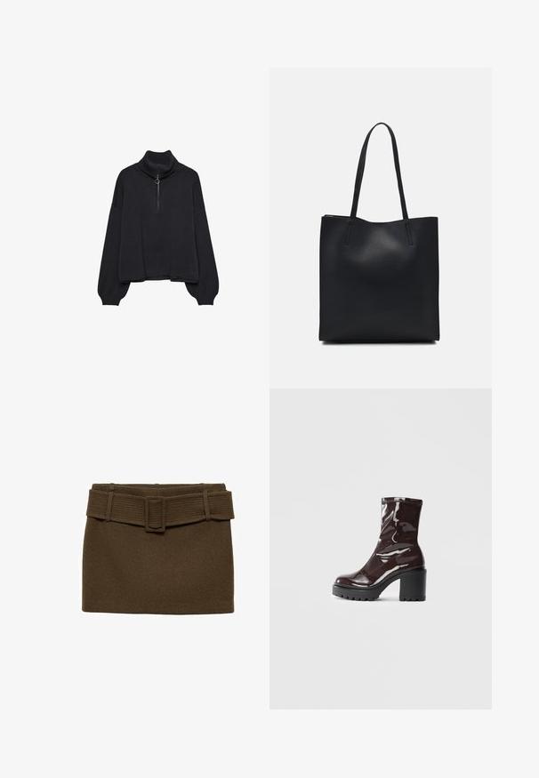 Čierny rolák s polovičným zipsom vpredu, s prehnanými rukávmi a jemným materiálom. Obsahuje rebrovaný golier a lem. Minimalistický dizajn.; Hnedá mini sukňa z vlny s širokým rebrovaným opaskom a obdĺžnikovou prackou, štruktúrovaný tvar a hladká textúra.; Lesklé burgundské kotníkové boty s robustním černým podpatkem, s hladkou strukturou a jednoduchým designem. Bez viditelných zapínání nebo vzorů.; Čierna kožená taška na rameno s hladkým povrchom, obdĺžnikovým tvarom a dvoma dlhými uchami. Bez viditeľného kovania alebo ozdôb.
