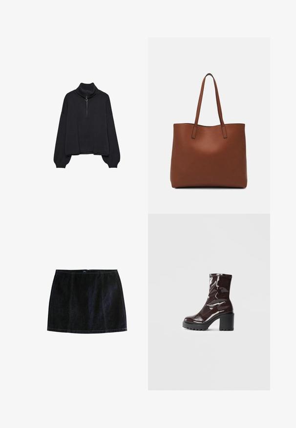 Schwarzer Rollkragenpullover mit einem halbseitigen Reißverschluss an der Vorderseite, übergroßen Ärmeln und weichem Material. Mit geripptem Kragen und Saum. Minimalistisches Design.; Dunkelblaue Denim-Minirock, mit kontrastierendem gelben Nähten, einer figurbetonten Silhouette und einem Reißverschluss. Klassisches Fünf-Taschen-Design.; Glatte bordeauxrote Ankle Boots mit einem klobigen schwarzen Absatz, die eine glatte Oberfläche und ein einfaches Design aufweisen. Keine sichtbaren Verschlüsse oder Muster.; Braune Leder-Tote mit glatter Textur, offenem Oberteil und zwei Schulterriemen. Verfügt über minimale Nähte und keine sichtbaren Beschläge.