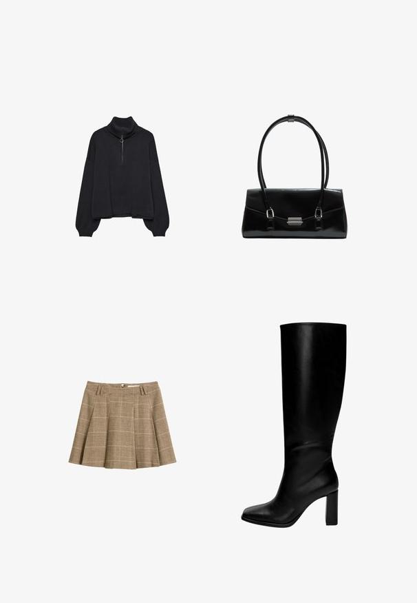 Pull à col roulé noir avec un zip demi-longueur à l'avant, manches surdimensionnées et texture douce. Il présente un col et un ourlet côtelés. Design minimaliste.; Jupe écossaise brune avec un design évasé, des plis et une taille avec passants de ceinture. Fabriquée en tissu texturé avec un motif à carreaux.; Bottes en cuir noires jusqu'au genou avec un bout carré et un talon épais. Texture lisse, design ajusté, sans quincaillerie ni motifs visibles.; Sac à main en cuir noir au design rectangulaire élégant. Dispose d'une texture lisse, de deux poignées et d'un fermoir en métal argenté.