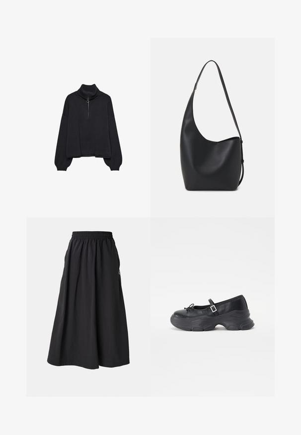Czarny sweter z golfem z połowy zipa, z przesztywnymi rękawami i miękką teksturą. Oferuje ribbowany kołnierz i dół. Minimalistyczny design.; Czarna, spódnica długości kostki z elastycznym paskiem w talii i kieszeniami po bokach. Wykonana z lekkiego materiału, charakteryzująca się gładką teksturą.; Czarny skórzany but Mary Jane z zaokrąglonym czubkiem, detalem w postaci kokardy i regulowanym paskiem na kostce. Posiada masywną gumową podeszwę z zakrzywionymi akcentami.; Czarna skórzana torba hobo o gładkiej fakturze, zaokrąglonym kształcie i pojedynczym, regulowanym pasku; posiada szerokie otwarcie na górze.