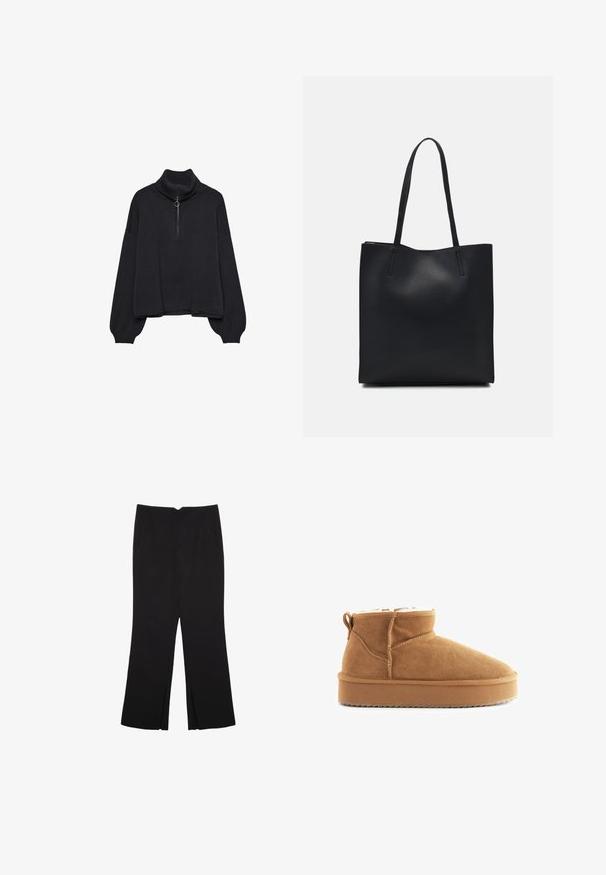 Musta poolkaulusneule, jossa on puoli-vetoketju edessä, ylikokoiset hihat ja pehmeä rakenne. Varustettu ribbauskauluksella ja helman ribbausreunalla. Minimalistinen muotoilu.; Mustat housut suoralinjaisella leikkauksella, joissa on etutaskut ja sivurei'ät helman alla. Valmistettu pehmeästä ja sileästä kankaasta. Sopii eri tilaisuuksiin.; Ruske nubuk ankle boot med en blød indvendig foring, rund tå og flad gummisål. Har en syet søm og en bageste trækflap.; Mustapahkainen kangaskassi, jossa on sileä pinta, suorakaiteen muotoinen ja kaksi pitkää kahvaa. Ei näkyvää metalliosaa tai koristeita.