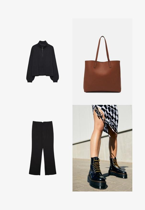 Czarny sweter z golfem z połowy zipa, z przesztywnymi rękawami i miękką teksturą. Oferuje ribbowany kołnierz i dół. Minimalistyczny design.; Czarne spodnie o prostym kroju, z przednimi kieszeniami i bocznymi rozcięciami na dole. Wykonane z miękkiego, gładkiego materiału. Odpowiednie na różne okazje.; Czarne skórzane botki na platformie z grubymi podeszwami, złotymi sznurówkami i pomarańczowymi przeszyciami, zestawione z w kratkę spódnicą z bocznym rozcięciem.; Brązowa skórzana torba tote o gładkiej fakturze, z otwartym wierzchem i dwoma ramiączkami. Charakteryzuje się minimalnym przeszyciem i brakiem widocznych elementów metalowych.