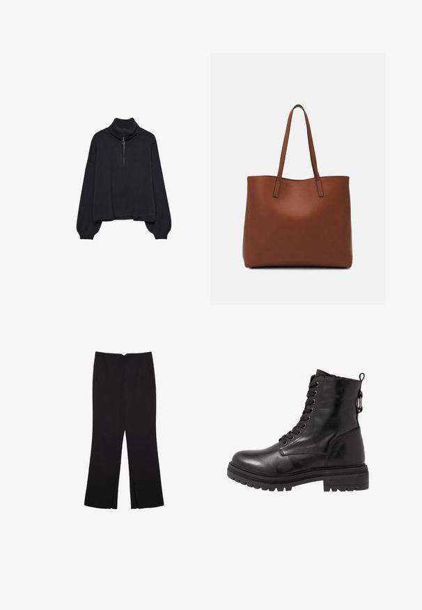 Musta poolkaulusneule, jossa on puoli-vetoketju edessä, ylikokoiset hihat ja pehmeä rakenne. Varustettu ribbauskauluksella ja helman ribbausreunalla. Minimalistinen muotoilu.; Mustat housut suoralinjaisella leikkauksella, joissa on etutaskut ja sivurei'ät helman alla. Valmistettu pehmeästä ja sileästä kankaasta. Sopii eri tilaisuuksiin.; Musta nahkasaapas nilkkamittaisella varrella, pyöreällä varpaan osalla, nauhakiinnityksellä ja kuvioidulla kumipohjalla. Takana on vetonauha ja vahvistetut saumat.; Ruskea nahkainen olkalaukku, jossa on sileä pinta, avoin yläosa ja kaksi olkahihnaa. Omaavat vain minimaalisen ompelun eikä näkyvää metalliosaa.