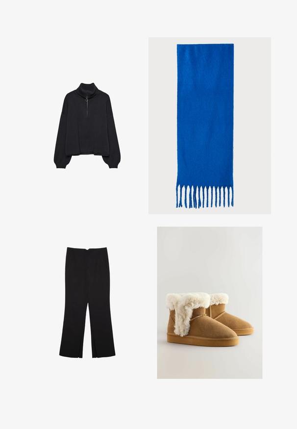 Crni pulover s visokim ovratom i polu-zipom sprijeda, oversized rukavima i mekanom teksturom. Ima rebrasti ovratnik i rub. Minimalistički dizajn.; Crne hlače ravnog kroja, s prednjim džepovima i bočnim prorezima na rubu. Izrađene od mekog i glatkog materijala. Pogodne za razne prigode.; Smeđe antilop čizme do gležnja s pahuljastim bijelim umetkom od umjetnog krzna, okrugli vrh i ravni gumeni potplat. Šavovi detaljno uzduž bočnih strana.; Plava šal od mekog materijala; sadrži jednobojnu boju s teksturiranom površinom i ravnomjerno rezanim resicama na dnu.; Crna kožna torba s lukovitim oblikom, odvojivim remenom i zlatnim detaljima. Torba ima preklop s kopčom.