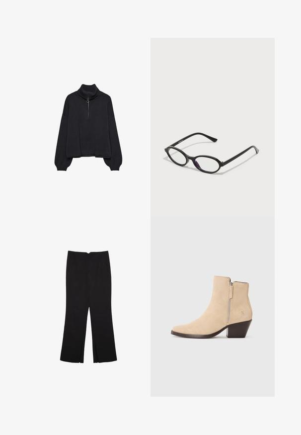 Čierny rolák s polovičným zipsom vpredu, s prehnanými rukávmi a jemným materiálom. Obsahuje rebrovaný golier a lem. Minimalistický dizajn.; Čierne nohavice so strihom rovného strihu, s prednými vreckami a bočnými rozparkami na leme. Vyrobené z mäkkej, hladkej tkaniny. Vhodné na rôzne príležitosti.; Bežové semišové členkové čižmy so zipsom na boku a čiernym anatomickým opätkom, zobrazené v profile na bielom pozadí.; Čierne okuliare s oválnym rámom a priesvitnými fialovými akcentmi na sklách. Rámy majú matný povrch a štíhle, priame nožičky.; Čierna kožená kabelka s zaobleným tvarom, odnímateľným popruhom a zlatými doplnkami. Kabelka má klopu s detailom s prackou.