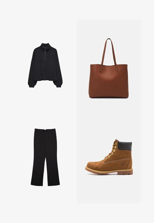 Črn pulover s polo zadrgo, prevelikimi rokavi in nežno teksturo. Ima rebrovan ovratnik in rob. Minimalističen dizajn.; Črne hlače ravnega kroja z naglavnimi žepi in stranskimi razporki na robu. Narejene iz mehke, gladke tkanine. Primerne za različne priložnosti.; Rjavi semiš gležnarji s črnim podloženim ovratnikom, zlatimi obročki, vezanjem spredaj in gumijastim podplatom z teksturiranim vzorcem.; Rjava usnjena torba z gladko teksturo, odprto zasnovo zgoraj in dvema naramnima trakovoma. Opremljena je z minimalnim šivanjem in brez vidnih kovinskih delov.
