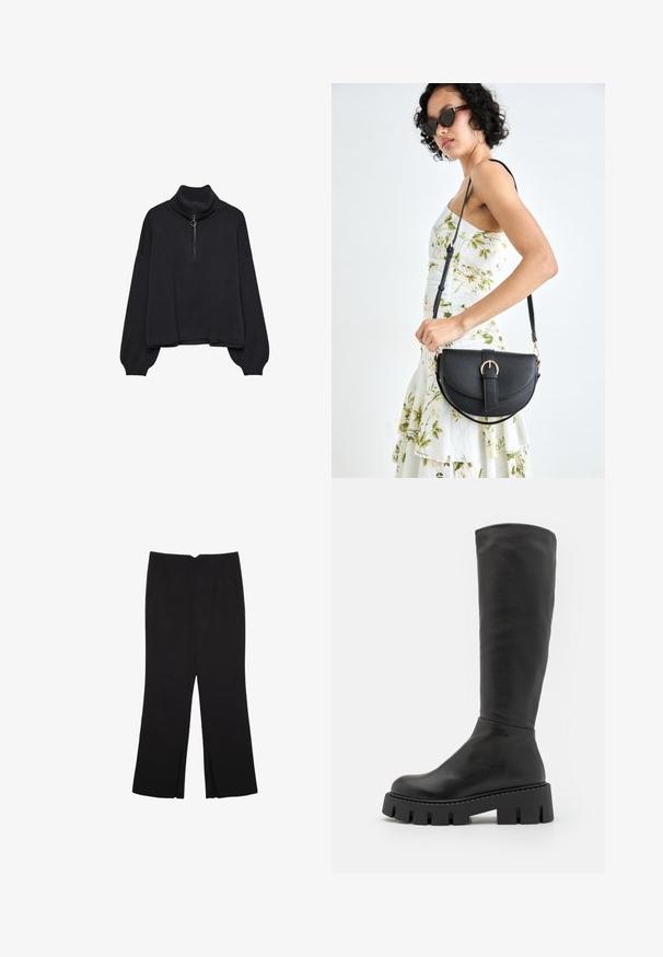 Čierny rolák s polovičným zipsom vpredu, s prehnanými rukávmi a jemným materiálom. Obsahuje rebrovaný golier a lem. Minimalistický dizajn.; Čierne nohavice so strihom rovného strihu, s prednými vreckami a bočnými rozparkami na leme. Vyrobené z mäkkej, hladkej tkaniny. Vhodné na rôzne príležitosti.; Čierne kožené čižmy po kolená s hladkým povrchom, zaoblenou špičkou a masívnou štruktúrovanou podrážkou s hlbokými drážkami.; Čierna kožená kabelka s zaobleným tvarom, odnímateľným popruhom a zlatými doplnkami. Kabelka má klopu s detailom s prackou.