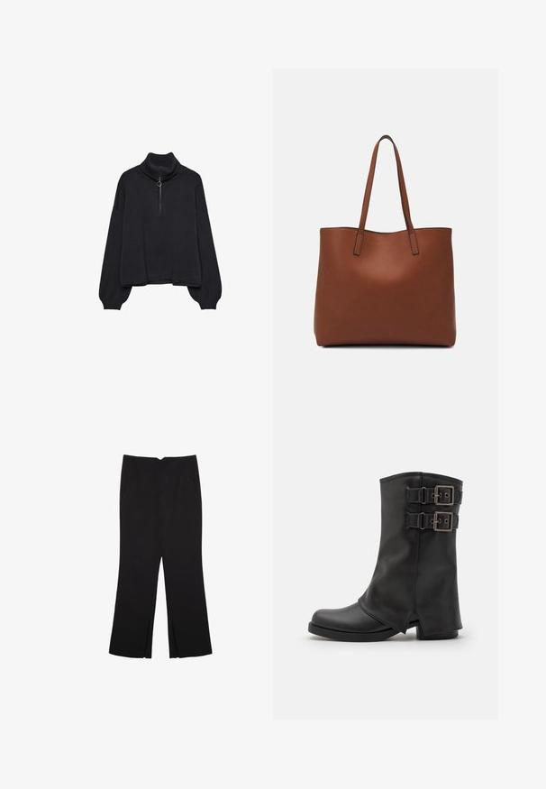 Svart polotröja med halvdragkedja framtill, överdimensionerade ärmar och mjuk textur. Har en ribbad krage och nederkant. Minimalistisk design.; Svarta byxor med rak passform, utrustade med framfickor och sidoklyvningar vid fållen. Tillverkade av mjukt, slätt tyg. Lämpliga för olika tillfällen.; Even&Odd Cowboy- / Bikerboots - black; Brun läder tote-väska med en slät textur, öppen toppdesign och två axelremmar. Har minimal söm och ingen synlig metalldetalj.
