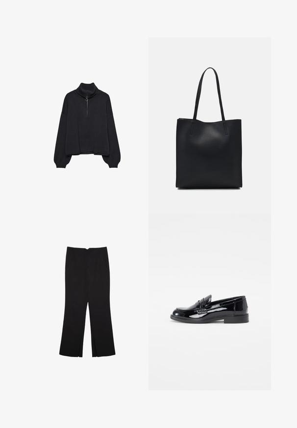Crni pulover s visokim ovratom i polu-zipom sprijeda, oversized rukavima i mekanom teksturom. Ima rebrasti ovratnik i rub. Minimalistički dizajn.; Crne hlače ravnog kroja, s prednjim džepovima i bočnim prorezima na rubu. Izrađene od mekog i glatkog materijala. Pogodne za razne prigode.; Crni lakirani loafer s zaobljenim nosom, istaknutim šavom i ravnim gumenenim potplatom. Glatka tekstura s poliranim završetkom.; Crna kožna torba za nošenje s glatkom teksturom, pravokutnim oblikom i dvije duge ručke. Nema vidljivih metalnih dijelova ili ukrasa.
