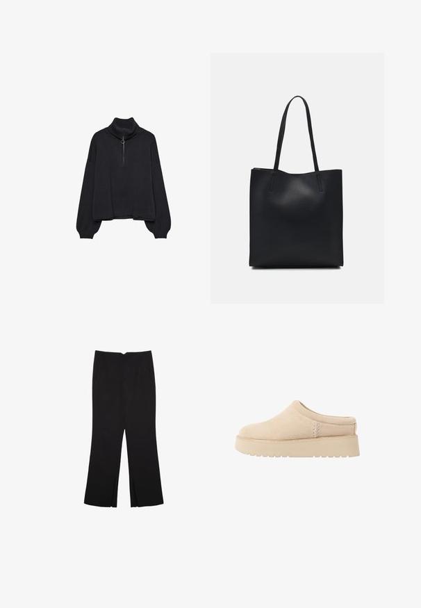 Svart polotröja med halvdragkedja framtill, överdimensionerade ärmar och mjuk textur. Har en ribbad krage och nederkant. Minimalistisk design.; Svarta byxor med rak passform, utrustade med framfickor och sidoklyvningar vid fållen. Tillverkade av mjukt, slätt tyg. Lämpliga för olika tillfällen.; Beiga mockasiner i mocka med rund tå och tjock, texturerad platta sula. Har minimal sömnad och en mjuk design.; Svart lädertoffelväska med slät textur, rektangulär form och två långa handtag. Ingen synlig hårdvara eller dekorationer.
