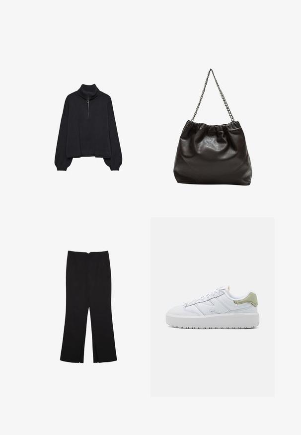 Schwarzer Rollkragenpullover mit einem halbseitigen Reißverschluss an der Vorderseite, übergroßen Ärmeln und weichem Material. Mit geripptem Kragen und Saum. Minimalistisches Design.; Schwarze Hose mit geradem Schnitt, ausgestattet mit Fronttaschen und Seitenschlitzen am Saum. Hergestellt aus weichem, glattem Stoff. Geeignet für verschiedene Anlässe.; Weiße Sneakers mit glattem Lederobermaterial, gepolstertem Schaft und dicker Gummi-Sohle. Enthält dezente grüne Akzente an der Ferse und hat ein minimalistisches Design.; Braune Lederhandtasche mit gerafftem Oberteil und Kettenriemen. Glatte Textur mit glänzendem Finish und subtilen Nahtdetails an den Seiten.
