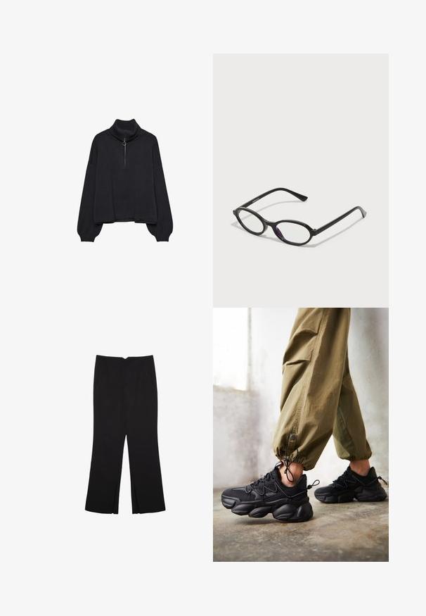 Black turtleneck sweater with a half-zip front, oversized sleeves, and soft texture. Features a ribbed collar and hem. Minimalist design.; Black trousers with a straight fit, featuring front pockets and side slits at the hem. Made of soft, smooth fabric. Suitable for various occasions.; Person wearing black chunky sneakers and olive green cargo pants standing on a concrete floor near a white wall.; Black oval-frame glasses with translucent purple accents on the lenses. Frames have a matte finish and slender, straight temples.