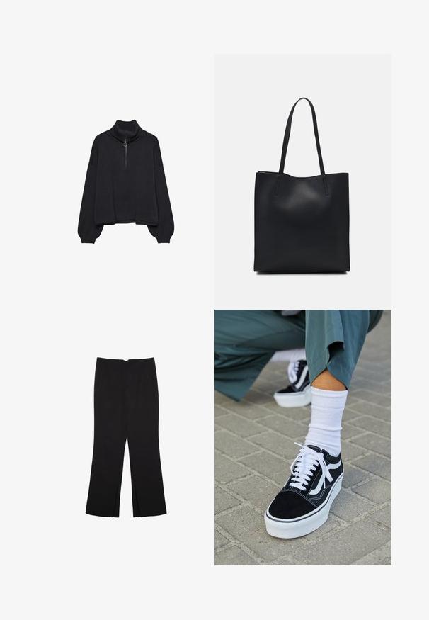 Sort højhalset sweater med halv lynlås foran, oversized ærmer og blød tekstur. Har ribbet krave og kant. Minimalistisk design.; Sorte bukser med lige pasform, der har frontlommer og slidser i kanten. Lavet af blødt, glat stof. Velegnet til forskellige anledninger.; Sorte ruskinds sneakers med hvide accenter og snørebånd, der har en tyk hvid sål og kontrasterende syninger, parret med en hvid sok.; Sort læder tote taske med glat tekstur, rektangulær form og to lange hanke. Ingen synlig hardware eller udsmykninger.