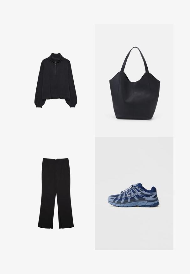 Černý rolák s polo zipem vpředu, přes oversized rukávy a jemnou texturou. Má žebrovaný límec a lem. Minimalistický design.; Černé kalhoty s rovným střihem, s předními kapsami a bočními rozparky na lemu. Vyrobené z jemné, hladké tkaniny. Vhodné na různé příležitosti.; Modré a šedé sportovní boty s síťovaným svrškem, gumovou podrážkou a vrstveným designem s reflexními prvky. Název modelu: P-6000.; Černá taška přes rameno vyrobená z hladké kůže, s zakřiveným, otevřeným vrchem a dvěma ramenními popruhy, s minimalistickým designem.