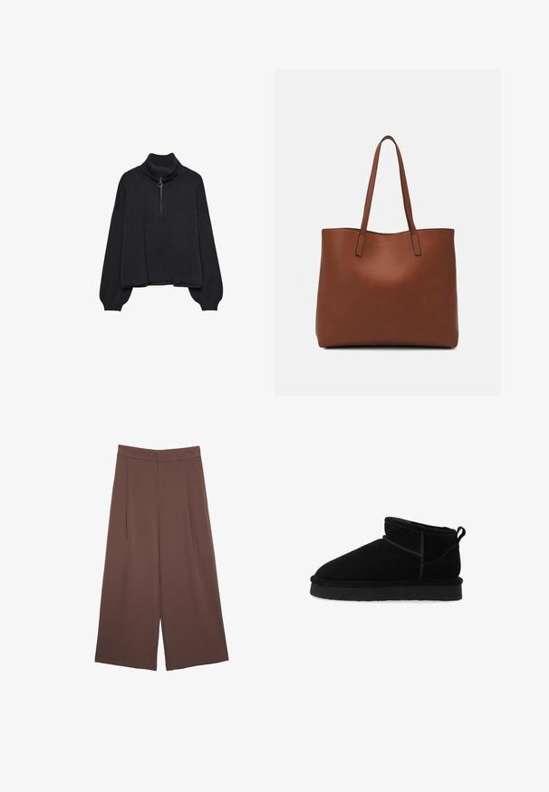 Sort højhalset sweater med halv lynlås foran, oversized ærmer og blød tekstur. Har ribbet krave og kant. Minimalistisk design.; Brune bredbunde bukser med en glat tekstur, der har høj talje og plisseringer foran. Stoffet er let og falder løst.; Bianco Vinterstøvler - black; Brun læder tote taske med en glat overflade, åben topdesign og to skulderremme. Har minimal syning og ingen synlig hardware.