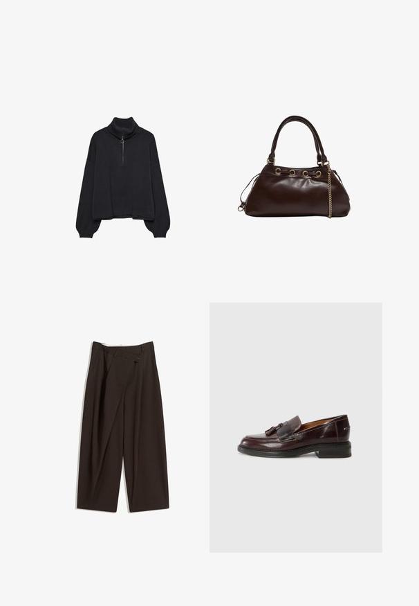 Sort højhalset sweater med halv lynlås foran, oversized ærmer og blød tekstur. Har ribbet krave og kant. Minimalistisk design.; Mørkebrune brede bukser med høj talje, udstyret med en enkelt knaplukning og en plisseret front. Lavet af letvægtsstof.; Brune læder loafers med en frynse accent, rund tå, lav blokhælel, og en tekstureret sål. Glat finish med subtile syninger.; Mørkebrunt læderhåndtaske med en glat finish, der har en struktureret form, guldfarvet hardware og dobbelte håndtag med kædeaccent.