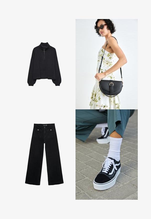 Zwarte coltrui met een halve rits aan de voorkant, oversized mouwen en een zachte textuur. Beschikt over een geribde kraag en zoom. Minimalistisch ontwerp.; Zwarte wijdpijpjans met een hoge taille, voorzien van twee voorzakken en metalen knoopaccenten. De stof heeft een gladde textuur.; Zwarte suède sneaker met witte accenten en veters, uitgerust met een dikke witte zool en contrasterende stiksels, gecombineerd met een witte sok.; Zwarte leren handtas met een gebogen vorm, afneembare schouderband en gouden hardware. De tas heeft een klep met een gespsluiting.