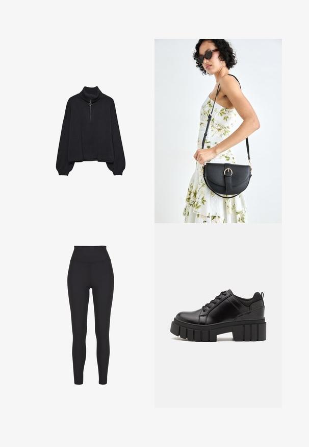 Černý rolák s polo zipem vpředu, přes oversized rukávy a jemnou texturou. Má žebrovaný límec a lem. Minimalistický design.; Černé legíny s vysokým pasem vyrobené z elastického materiálu, s hladkým povrchem a designem, který dokonale obepíná postavu, bez viditelných švů nebo vzorů.; Černé kožené platformové boty s masivním blokovým podpatkem, kulatou špičkou a tradičním šněrováním. Mají hladký povrch a minimální detaily.; Černá kožená kabelka s křivkovým tvarem, odnímatelným popruhem a zlatými detaily. Kabelka má klopu s přezkou.