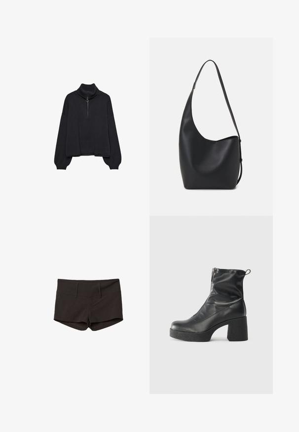 Sort højhalset sweater med halv lynlås foran, oversized ærmer og blød tekstur. Har ribbet krave og kant. Minimalistisk design.; Sorte bomuldsbukser med en tætsiddende design, der har en glat overflade og to forlommer. Mellemhøj talje og ingen iøjnefaldende mønstre.; Sorte ankelstøvler lavet af glat læder, med en sidelukning, kraftig struktureret hæl og rundt tådesign.; Sort læder hobo taske med en glat overflade, buet form og en enkelt justerbar rem; har en bred åbning øverst.