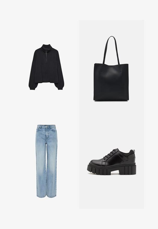 Črn pulover s polo zadrgo, prevelikimi rokavi in nežno teksturo. Ima rebrovan ovratnik in rob. Minimalističen dizajn.; Svijetloplave široke traperice napravljene od denima. Imaju visoki struk, pet džepova i suptilno izbjeljivanje za teksturu. Klasično kopčanje na gumb i patentni zatvarač.; Črne usnjene platforme z debelim blokastim petam, okroglo konico in klasičnim vezanjem. Imajo gladko teksturo in minimalne podrobnosti.; Črna usnjena torba s svilnato teksturo, pravokotne oblike in dvema dolgima ročajema. Brez vidnih metalnih delov ali okrasnih elementov.
