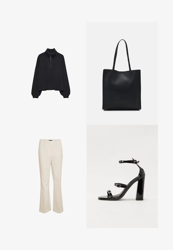 Crni pulover s visokim ovratom i polu-zipom sprijeda, oversized rukavima i mekanom teksturom. Ima rebrasti ovratnik i rub. Minimalistički dizajn.; Bež hlače krojene od glatkog materijala, sa strukom srednje visine, diskretnim prednjim šavom i oblikom koji se širi prema rubu.; Crne lakirane sandale na pete sa kvadratnim nosom, trakama oko gležnja i srebrnim kopčama. Imaju čvrst blok petu za stabilnost.; Crna kožna torba za nošenje s glatkom teksturom, pravokutnim oblikom i dvije duge ručke. Nema vidljivih metalnih dijelova ili ukrasa.