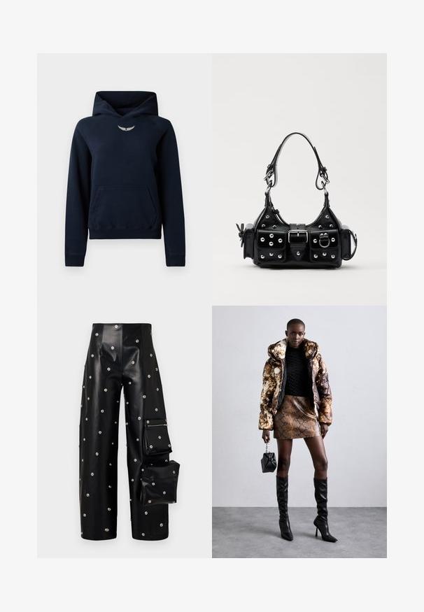 Navy blue hoodie made of soft fabric, featuring a kangaroo pocket, ribbed cuffs, and a small silver wing logo on the chest.; A.W.A.K.E. MODE COVERED TROUSER WITH SNAP ON POCKETS - Trousers - black; Puffer jacket with a brown and black pattern, paired with a brown snake print mini skirt, black knee-high boots, and a small black bag.; Black leather handbag with a curved design, featuring silver studs, a buckle, and two side pockets. Adjustable strap for carrying options.