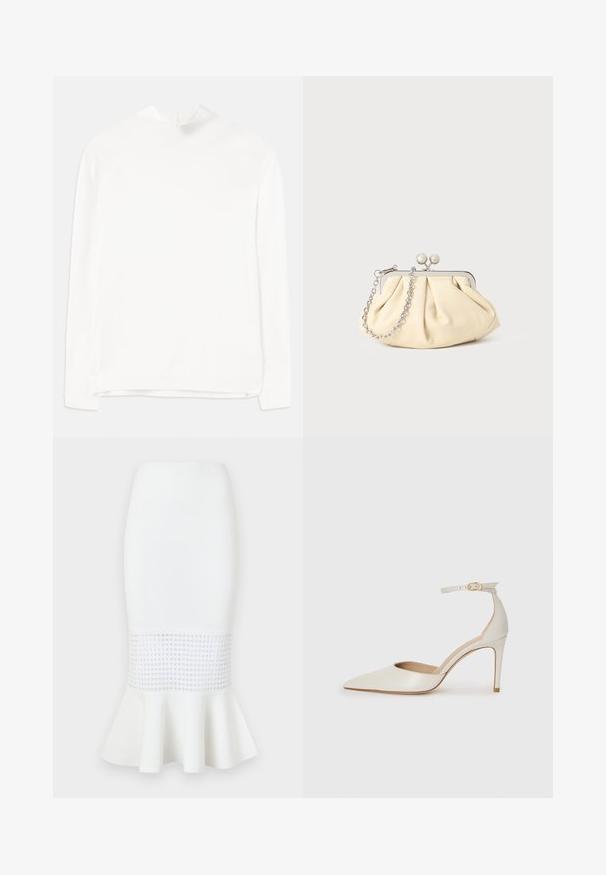 Witte lange mouw top met een hoge halslijn, geribbelde textuur en een rechte pasvorm. De stof lijkt zacht en glad zonder zichtbare patronen.; Witte midi rok gemaakt van ribbels stof, met een gaaspaneel aan de zoom en een uitlopende onderkant. Glad textuur met ronde uitsparingen.; Witte leren hoge hak schoen met een spitse neus, enkelbandje en een slanke stiletto hiel. Gladde textuur met een subtiele glanzende afwerking.; Geplooide beige leren clutch met een zilveren metalen frame, voorzien van twee ronde decoratieve sluitingen en een zilveren kettingriem.