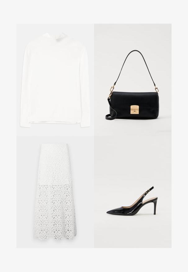 Maglietta bianca a maniche lunghe con collo alto, texture a coste e vestibilità dritta. Il tessuto appare morbido e liscio, senza motivi visibili.; Maje JOZIMALO - Gonna lunga - ecru; Pumps slingback in pelle verniciata nera con punta affilata, tacco sottile e un design con ritagli delicati. Caratterizzate da una fibbia dorata sul cinturino.; Borsa in pelle nera con una forma rettangolare piatta, hardware dorato e manico superiore. Presenta una chiusura a scatto e un dettaglio con il logo distintivo.