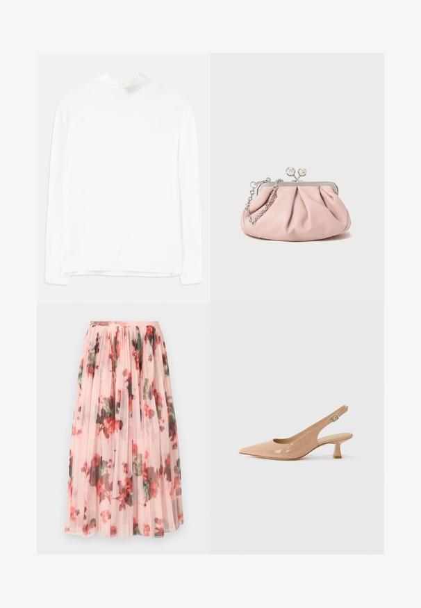 Valkoinen pitkähihaisen paita, jossa on korkea kaula-aukko, ribattu pinta ja suora malli. Kangas näyttää pehmeältä ja sileältä ilman näkyviä kuvioita.; Tyllihame, jossa on pehmeän vaaleanpunainen pohja ja punaisia ja vihreitä kukkakuviota. Kangas on läpinäkyvää ja vyötäröllä on kerättyjä poimuja.; Patentoitu slingback-kengät vaaleanpunaisina, joissa on teräväkärkinen muotoilu, matala lohkarekorko ja säätöremmi pyöreällä soljella.; Vaaleanpunainen nahkakuuloket pursotettu muotoilun laukku, metallirunko, kaksi pyöreää lukkoa ja hopeaketjuolkaimet. Sileä pinta, kompaktin muotoinen.