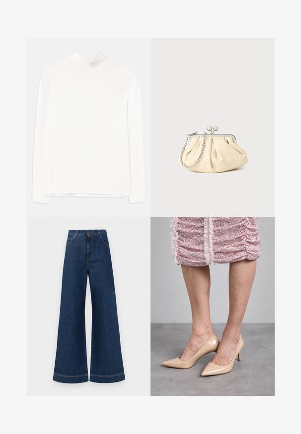 Biała bluzka z długim rękawem, z wysokim dekoltem, prążkowaną fakturą i prostym krojem. Materiał wydaje się miękki i gładki, bez widocznych wzorów.; Szerokie dżinsy w kolorze niebieskim z wysokim stanem, z zapięciem na guzik, szlufkami na pasek oraz subtelnymi detalami stębnowania wzdłuż kieszeni i brzegów.; Beżowe lakierowane szpilki z ostrym noskiem i cienką obcasem. Gładka faktura z eleganckim stylem. Noszone z różową sukienką w cekiny.; Złożona beżowa skórzana kopertówka z srebrną metalową ramą, z dwoma okrągłymi dekoracyjnymi zapięciami i srebrnym łańcuszkiem.