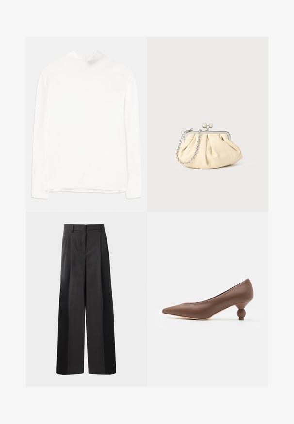 Haut à manches longues blanc avec un col montant, en texture côtelée et coupe droite. Le tissu semble doux et lisse, sans motifs visibles.; Pantalon large noir avec une taille haute, doté de plis avant, d'une texture lisse et d'une finition ajustée. Conçu pour un ajustement décontracté.; Escarpin en cuir marron à bout pointu avec un talon en forme de boule arrondie. Texture lisse, design épuré et détails minimalistes.; Pochette en cuir beige plissé avec un cadre en métal argenté, dotée de deux fermoirs ronds décoratifs et d'une chaîne en argent.
