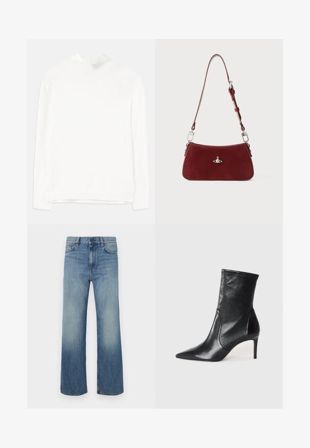 Balta garu piedurknu blūze ar augstu kaklu, ribotu tekstūru un taisnu piegriezumu. Audums izskatās mīksts un gluds, bez redzamām rakstām.; Gaiši zili plata kāju džinsi, izgatavoti no denima auduma ar izbalinātu apstrādi, ar pogas aizdari un piecu kabatu dizainu.; Melnas potītes zābakus, kas izgatavoti no gludas ādas, ar norādītu purngaliņu, pieguļošu kāju un šauru augstu papēdi. Minimalistisks dizains bez redzamiem aksesuāriem.; Sarkans zamšs plecu soma ar izliekta formu. Iezīmēta ar sudraba toņa akcentu un regulējamu siksnu ar metāla detaļām. Gluda tekstūra.