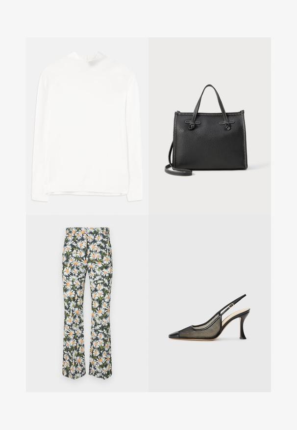 Valge pikkade varrukatega topp, millel on kõrge kaelus, ribakonstruktsioon ja sirge lõige. Kangas näeb välja pehme ja sile, ilma nähtavate mustriteta.; Laiendatud püksid lillemustriga, kus on valged karikakrad oranžide keskmikega tumedal taustal. Valmistatud kergetest materjalidest.; Mustmustel mustkand jala jalaga kõrged kontsad, millel on terav varvas, võrgutooted ja sile nahast oma. Värvid hõlmavad musta ja beeži акtsenti.; Mustmust nahkane käekott tekstuurse viimistlusega, ristkülikuline kuju, kaks ülaosa käepidet ja eemaldatav õlavarre rihm. Kontrastsest õmblusest detail.