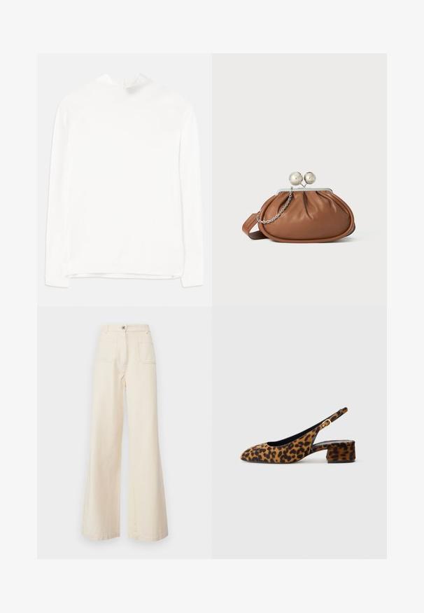 Biela blúzka s dlhým rukávom, ktorá má vysoký golier, ryhovanú textúru a rovný strih. Tkanina vyzerá mäkko a hladko, bez viditeľných vzorov.; WEEKEND MaxMara FILTRO - Nohavice - ecru; Dámska slingback obuv s leopardím vzorom, nízkym blokovým podpätkom a zlatou sponou na bočnom popruhu, zobrazená v bočnom profile na jednoduchom pozadí.; Hnedá kožená kabelka s strieborným guľovým zapínaním a malým strieborným reťazom na bielom pozadí.