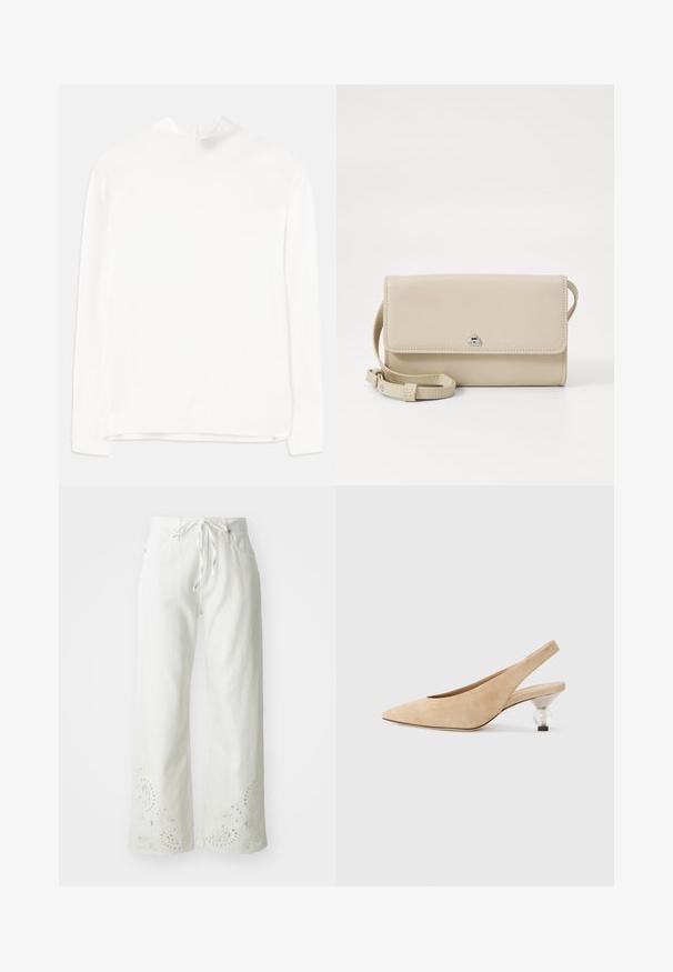 Witte lange mouw top met een hoge halslijn, geribbelde textuur en een rechte pasvorm. De stof lijkt zacht en glad zonder zichtbare patronen.; Witte wijde broek van katoen, met een trekkoord in de taille en geborduurde paisleypatronen op de zoom. Glad textuur.; Beige suède slingbackschoen met een spitse neus en een transparante, ronde hak. Gladde textuur en minimalistisch ontwerp.; Beige leren schoudertas met een klep sluiting, zilverkleurige hardware en een afneembare schouderband. Soepele textuur en eenvoudige rechthoekige vorm.