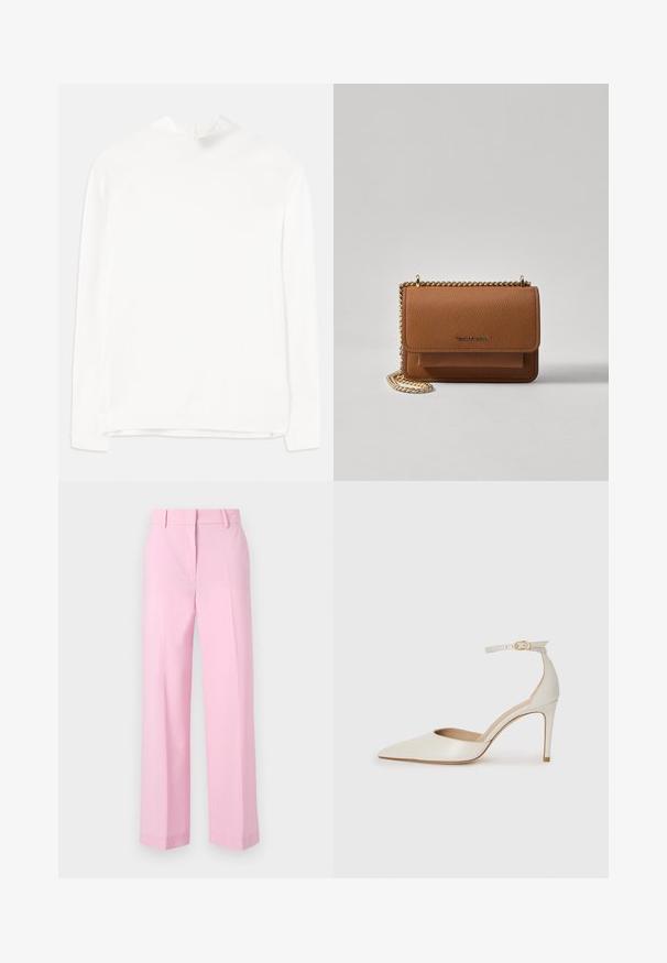 White long-sleeve top featuring a high neckline, ribbed texture, and a straight fit. The fabric appears soft and smooth with no visible patterns.; Light pink, wide-leg trousers with a smooth texture, featuring a standard waistband and crisp pleats down the front for structure.; White leather high-heeled shoe with a pointed toe, ankle strap, and a slim stiletto heel. Smooth texture with subtle glossy finish.; Brown textured leather crossbody bag with gold chain strap and flap closure. Front features logo detail and a pocket under the flap.