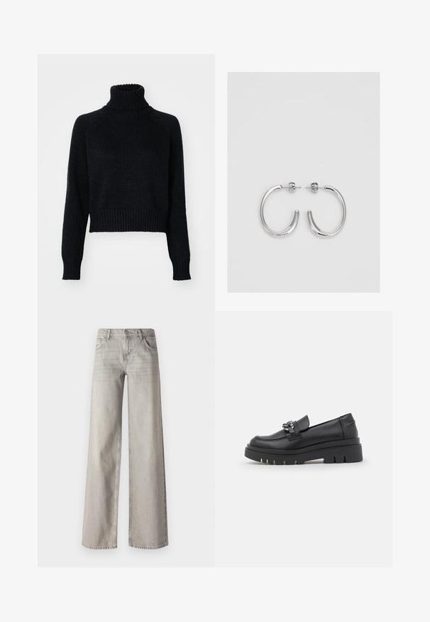 Maglione scuro a collo alto con design cropped, dotato di polsini e orlo a coste, e una trama testurizzata in tutto il capo.; Jeans larghi grigio chiaro in denim, con un design a cinque tasche, chiusura con bottone frontale e texture leggermente sbiadita.; Scarpa tipo mocassino nera con suola a pianta spessa, tomaia in pelle liscia, dettaglio decorativo a catena e tacco leggero con particolare incavo.; Orecchini a cerchio in argento con superficie liscia e lucida, caratterizzati da una forma curva e chiusura a perno. Design minimalista con finitura moderna.
