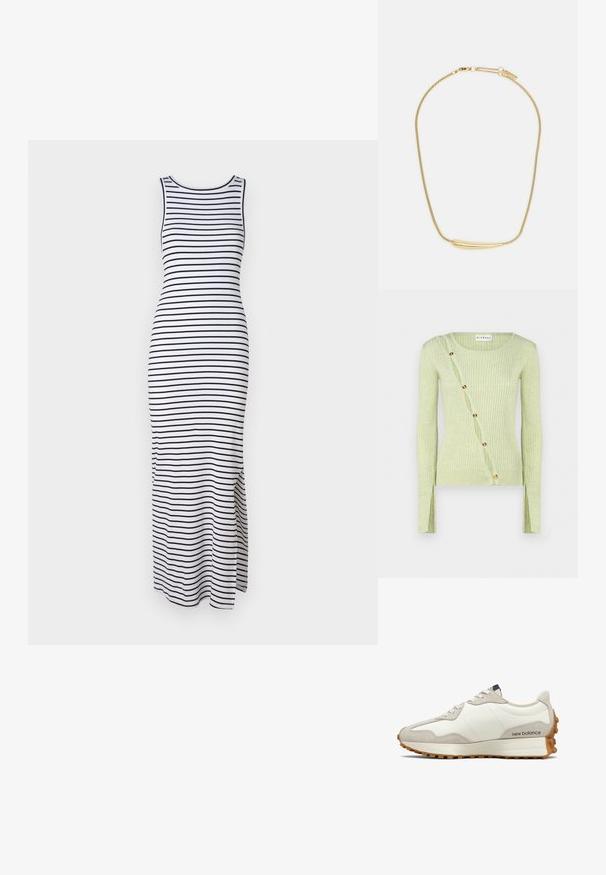 Vaaleanvihreä, röpelöinen neulepaita, jossa on pyöreä pääntie, pitkät hihat ja vino nappikiinnitys, joka sisältää kultasävytettyjä nappeja. Pehmeä rakenne.; Valkoinen ja musta raidallinen maksimekko, ilman hihoja, istuva malli, jossa on sivuaukot liikkumista varten, valmistettu venyvästä kankaasta.; Valkoiset ja beige tennarit, joissa on sileä nahkapäällinen, mokkanahkakoristeet, pyöreä kärki ja teksturoitu kumipohja. Brändin nimi painettuna sivulle.; Kultaketju, jossa on sileä, kaareva keskuskoriste. Mukana joustava ketju, jossa on lutikka-ansa ja lisä-adjustoitavat ketjulenkit.