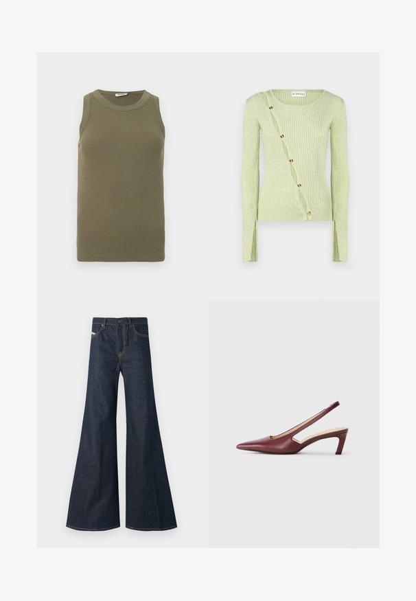 Lichtgroene geribde trui met een ronde halslijn, lange mouwen en een diagonale knoopsluiting met gouden knopen. Zachte textuur.; Olivengroen mouwloos topje van ribstof, met een ronde halslijn en een aansluitende pasvorm met strakke randen.; Donkerblauwe flared jeans van denim, met een hoge taille, gouden stiksels en twee voorzakken met een knoopsluiting.; Bordeaux slingback hakken met een spitse neus, uitsparingen aan de zijkant en een middellange blokhak. Glad leren afwerking.