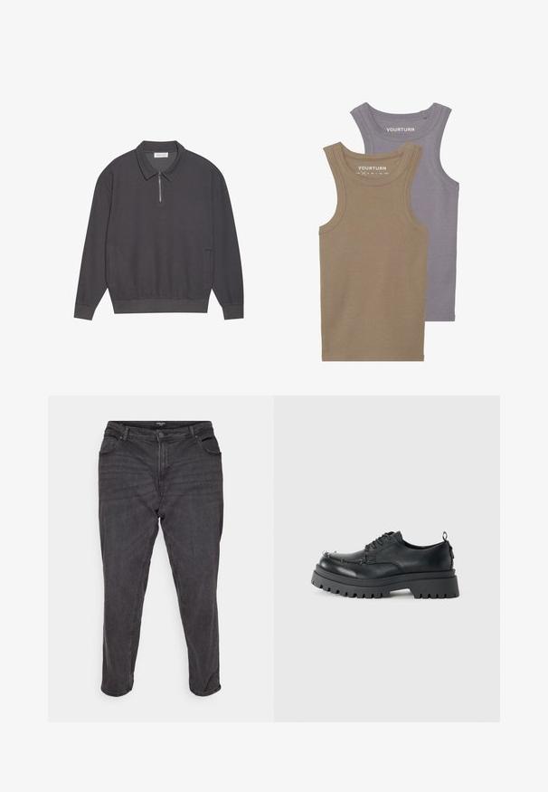 Tamnosiva majica s dugim rukavima i zatvaračem na ovratniku, rebrastom teksturom, elastičnim manžetama i bočnim džepovima. Opušten i svestran dizajn.; Dva bezrukavnih topa od mekanog pamuka. Jedan je svijetlosmeđi, a drugi lavanda sivi, s rebrastom teksturom i okruglim dekolteom.; Crne traperice s ravnim nogavicama, s gumbom za zakopčavanje, bočnim džepovima i blagim izblijeđenim dijelovima, pružajući klasičan izgled.; Crne masivne kožne cipele s vezicama, s debelim robusnim potplatom i metalnim očicama u prednjem dijelu, fotografirane na jednobojnoj svijetloj pozadini.