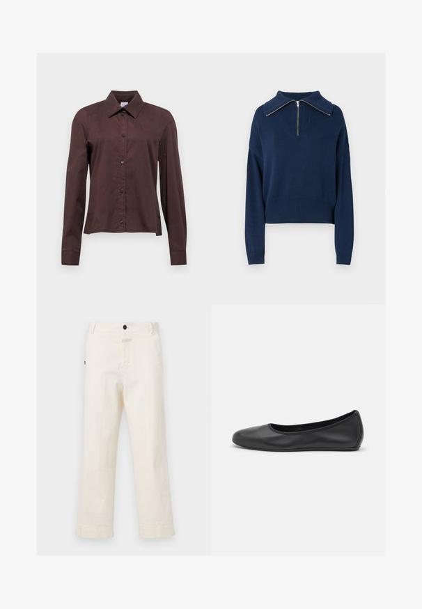 Maglione lavorato a maglia blu navy con collo a zip e ampio colletto, caratterizzato da un motivo testurizzato e orli e polsini a costine.; Camicia button-up marrone scuro con maniche lunghe, colletto a punta e bottoni neri. Realizzata in un tessuto liscio con un motivo uniforme.; Pantaloni in cotone beige con una vestibilità a gamba dritta, dotati di chiusura frontale con bottone e una tasca con un accento a bottone circolare.; Pantofole da balletto nere in pelle con punta arrotondata, texture liscia, dettagli di cucitura minimi e design con suola flessibile.