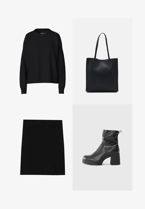 Melna džemperis ar apaļo kakla izgriezumu, nolaistām plecu šuvēm un ribotām aprocēm. Izgatavots no mīksta, gluda auduma. Vienkāršs dizains, bez rakstiem.; Melna mini svārku izgatavota no mīksta auduma ar pieguļošu dizainu, kurai sānos ir neliela šķirba papildu detaļām.; Melni potītes zābaki, kas izgatavoti no gludas ādas, ar sānu rāvējslēdzēju, masīvu strukturētu papēdi un noapaļotu purngalu.; Melnas ādas somiņa ar gludu tekstūru, taisnstūra formu un divām garām rokturiem. Nav redzamu aparatūras vai rotājumu.