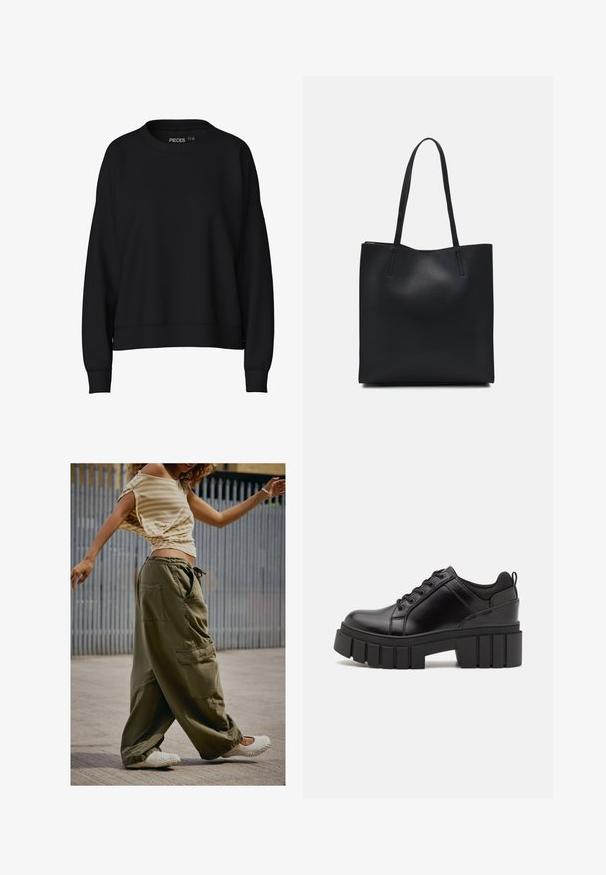 Svart sweatshirt med rund halsringning, sänkt axel och ribbade ärmar. Tillverkad av ett mjukt, slätt tyg. Enkelt design, inga mönster.; Olivgröna cargobyxor med stora fickor, avslappnad passform och dragsko i midjan; kombinerade med en ljusbeige randig topp och vita sko-offer.; Svarta läderplattformsskor med en kraftig blockklack, rund tå och traditionell snörningsdesign. Har en slät textur och minimal detaljering.; Svart lädertoffelväska med slät textur, rektangulär form och två långa handtag. Ingen synlig hårdvara eller dekorationer.