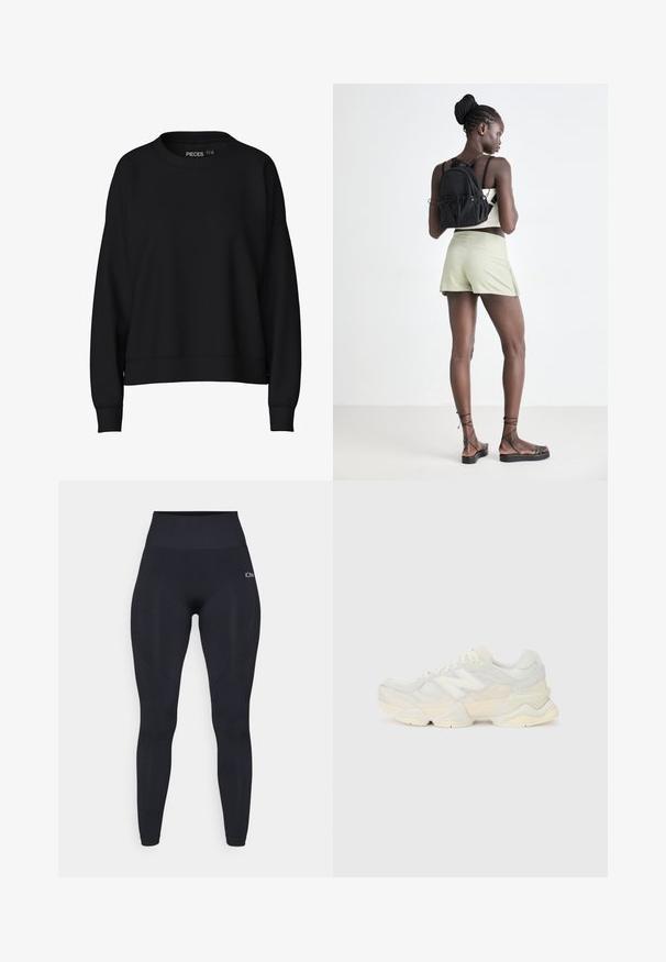 Svart hettegenser med rund hals, senkede skuldre og ribbede mansjetter. Laget av et mykt, glatt stoff. Enkelt design, uten mønstre.; Høyt liv svarte leggings med et glat og elastisk stoff. Har en logo på øvre del av leggen og teksturerte detaljer på sidene.; Lett sneaker med en overdel i mesh og semsket skinn i myke kremtoner, med en kraftig såle og tredimensjonale detaljer.; Svart ryggsekk med snor, lysegrønne shorts, beige topp og svarte sandaler med stropper. Modell poserer fra bakgrunnen mot en lys bakgrunn.