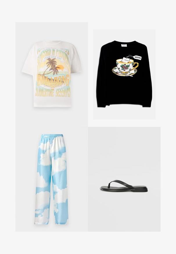 Fekete pulóver, amelyen egy hímzett teáscsésze található teazsákkal és virágos díszítéssel. A mintához egy csészealj is tartozik a csésze alatt.; Fehér pamut póló színes grafikával, amely pálmafákat, napot és a következő feliratokat tartalmazza: "NAPFÉNYES A PARADICSOMBAN," "BILLABONG," és "NYÁRI ÜLETI EGYEZTETÉSEK."; Égkék nadrág felhőmintával, sima anyagból készült, rugalmas derékkal és széles lábakkal. Nincsenek látható zsebek vagy fém alkatrészek.; Fekete papucs sima bőrből, vékony pántkel és lapos talppal rendelkezik, minimális profilú. Nincsenek kiemelkedő minták vagy díszítések.
