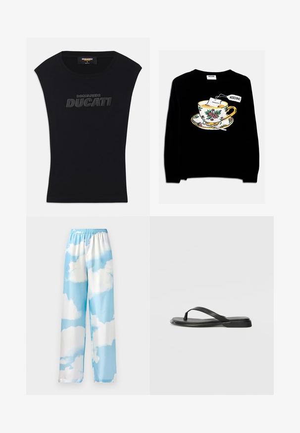 Schwarzer Pullover mit einer bestickten Teetasse, einem Teebeutel und floralen Verzierungen. Das Design beinhaltet eine Untertasse unter der Tasse.; Schwarzes ärmelloses T-Shirt mit rundem Ausschnitt und erhabenem schwarzen "DSQUARED2 DUCATI" Logo auf der Brust, Größe S, Made in Italy Etikett im Kragen.; Himmelblaue Hose mit Wolkenmuster, aus glattem Stoff, mit elastischem Bund und weitem Bein. Keine sichtbaren Taschen oder Metallteile.; Schwarze Flip-Flops aus glattem Leder, mit einem dünnen Riemendesign und einer flachen Sohle mit minimalem Profil. Keine bemerkenswerten Muster oder Akzente.