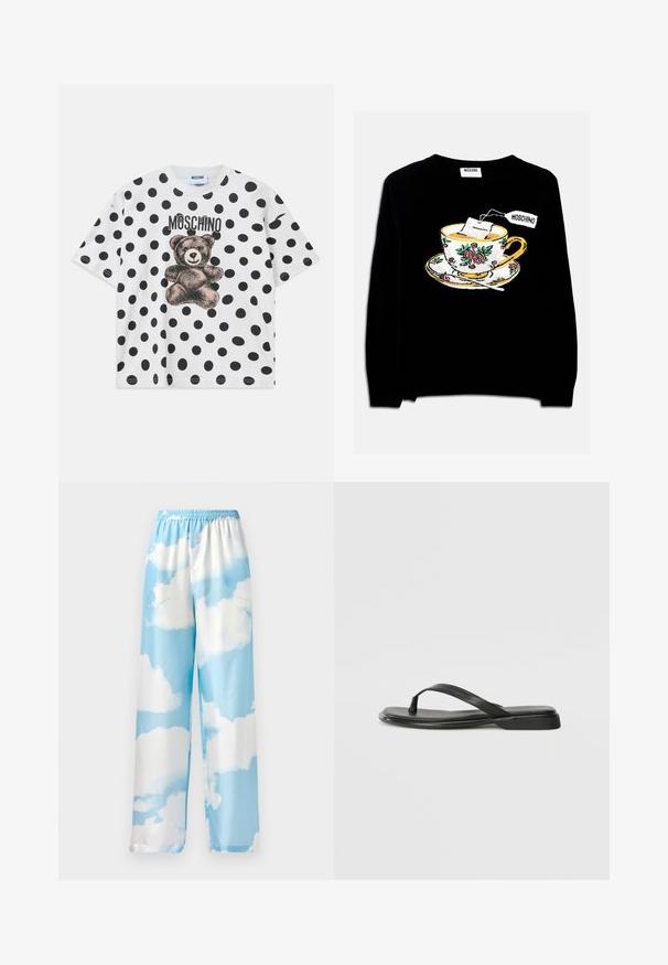 Crna majica s vezom šalice s čajem i cvjetnim ukrasom. Dizajn uključuje tanjurić ispod šalice.; Bijela pamučna majica sa crnim točkastim uzorkom, grafikom medvjeda i crnim natpisom "Moschino" iznad dizajna. Kratki rukavi.; Hlače u sky plavoj boji s uzorkom oblaka, izrađene od glatkog materijala, s elastičnom gumicom u struku i širokim nogavicama. Nema vidljivih džepova ili metalnih dijelova.; Crne japanke od glatke kože, s tankim remenčićem i ravnim potplatom minimalističkog profila. Bez značajnih uzoraka ili akcenata.