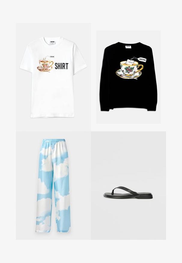 Black sweater featuring an embroidered teacup with a tea bag and floral decoration. The design includes a saucer below the cup.; White cotton t-shirt featuring a graphic of a floral teacup with a teabag and the word "SHIRT" in bold black letters.; Sky blue pants featuring a cloud pattern, made of smooth fabric, with an elastic waistband and wide legs. No visible pockets or hardware.; Black flip-flop made of smooth leather, featuring a thin strap design and a flat sole with a minimal profile. No notable patterns or accents.