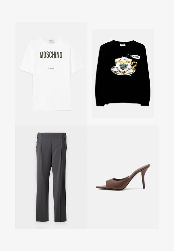 Black sweater featuring an embroidered teacup with a tea bag and floral decoration. The design includes a saucer below the cup.; White cotton T-shirt featuring bold black text: "MOSCHINO" at the top and "Milano" below, relaxed fit with standard short sleeves.; Gray tailored pants featuring a straight leg design, front pleats, and decorative side buttons for added detail. Smooth fabric texture.; Brown leather open-toe high-heeled mules with a sleek design, featuring a wide front strap and a slender stiletto heel.